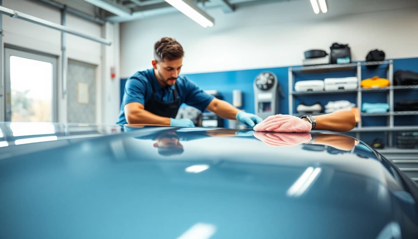 Fahrzeugaufbereitung durch einen Fachmann in einer modernen Garage mit glänzendem Auto und Pflegemitteln.