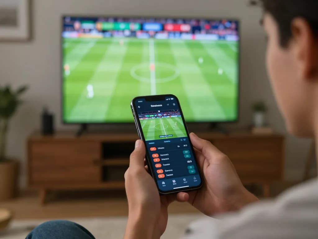 Socolive user engaging with sports betting app while watching live soccer match on screen