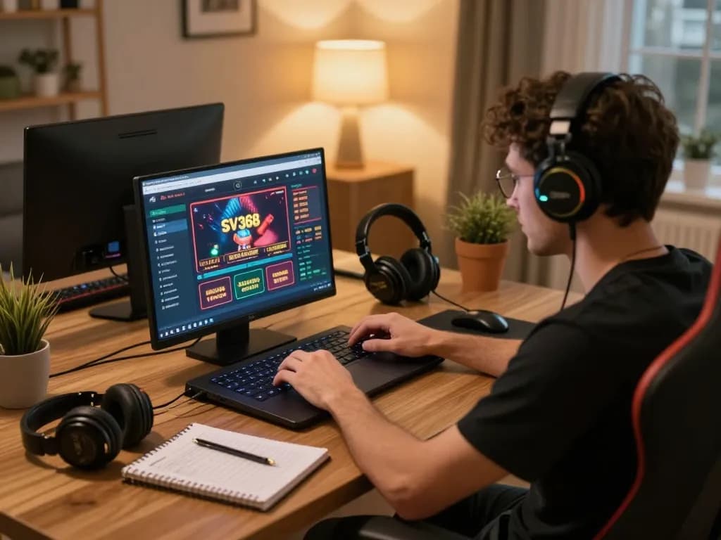 Engaging online gaming action at https://sv368com.biz/ with a focused player using a laptop