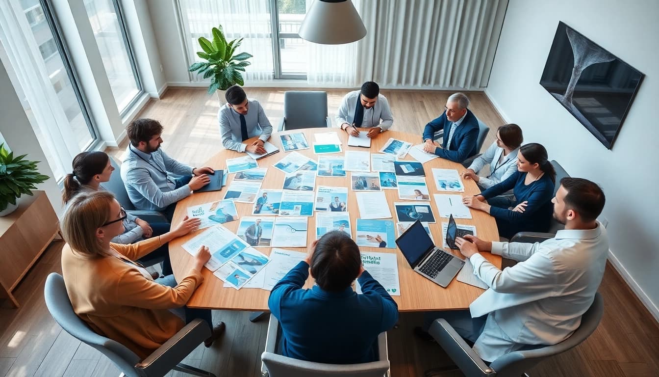 Collaborative team at a werbeagentur pflege creating effective healthcare marketing strategies.