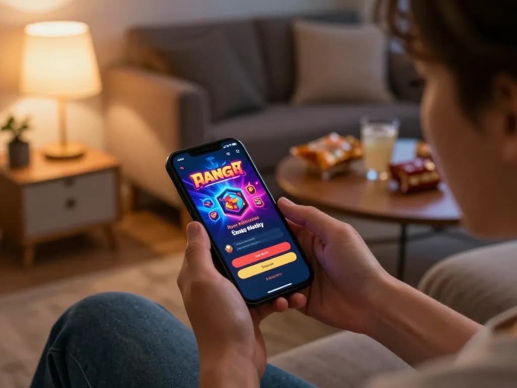 Manga Casino Login in der mobilen App, Benutzer interagiert mit dem Anmeldebildschirm in einer gemütlichen Heimumgebung, strategisches Online-Gaming.