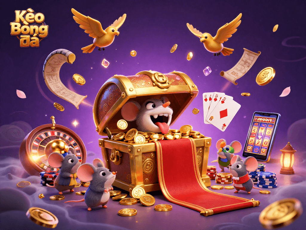 Engage in Kèo Bóng Đá with thrilling adventures featuring a treasure chest and animated casino elements.