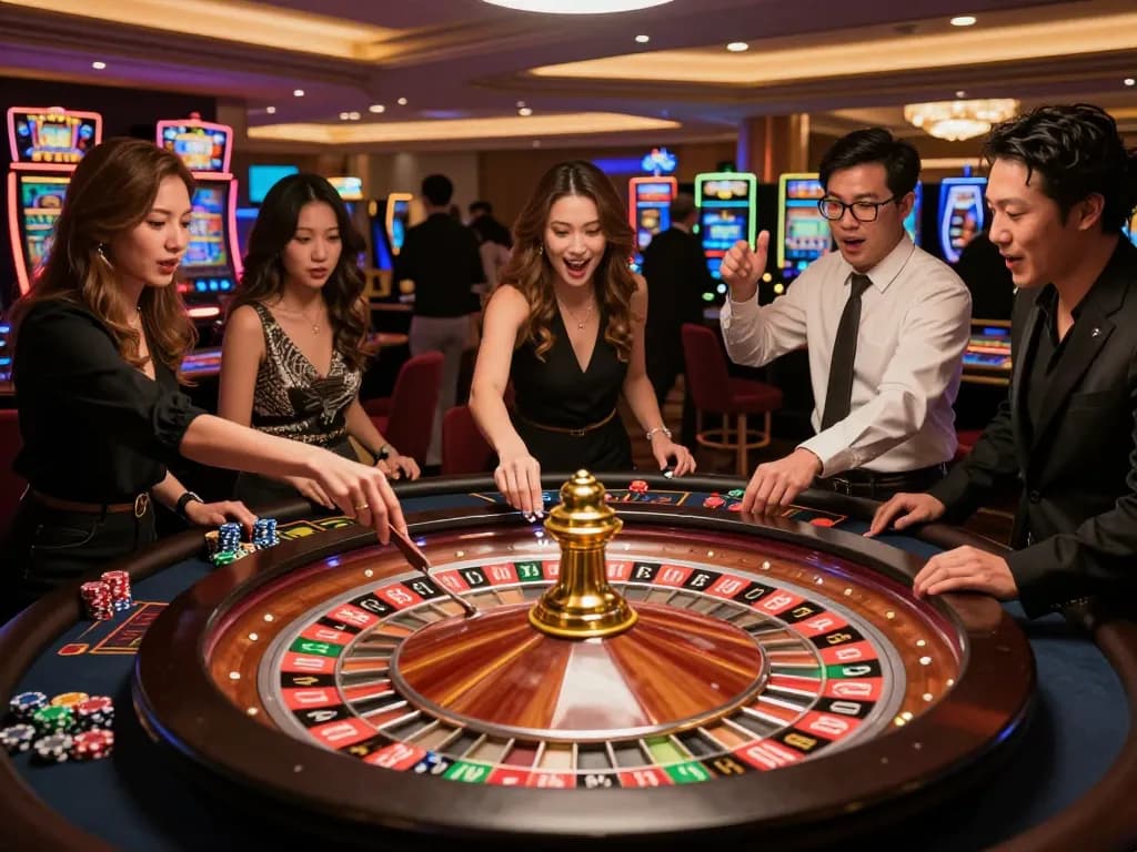 Players engaging in an exciting roulette game at lc88pro's luxurious casino venue, showcasing vibrant atmosphere and eager bets.