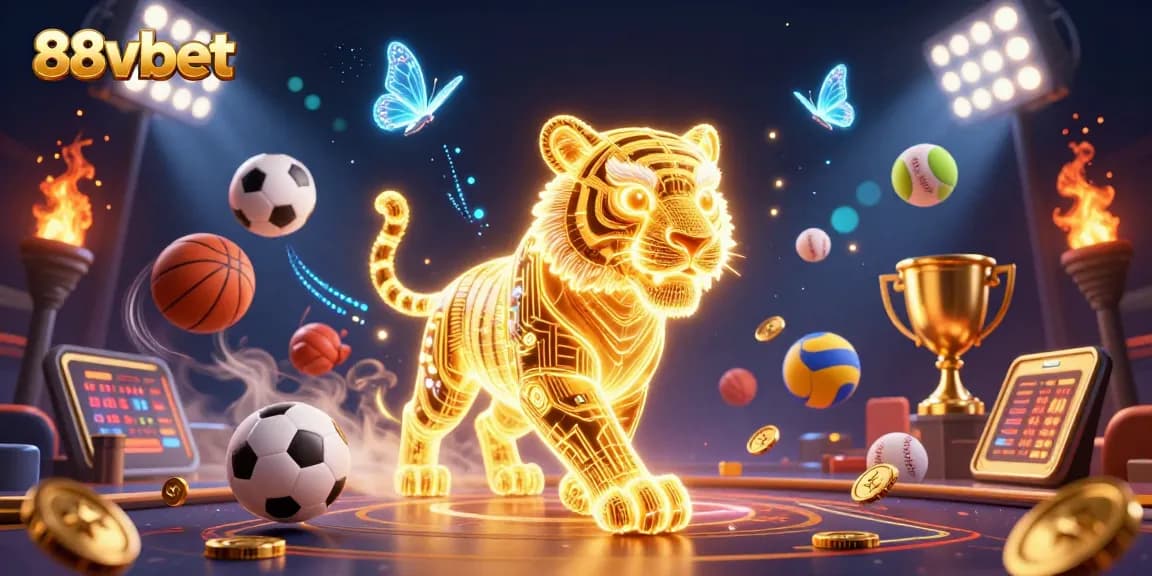 Experience the thrilling digital adventure of 88vbet with a golden tiger and dynamic sports elements.