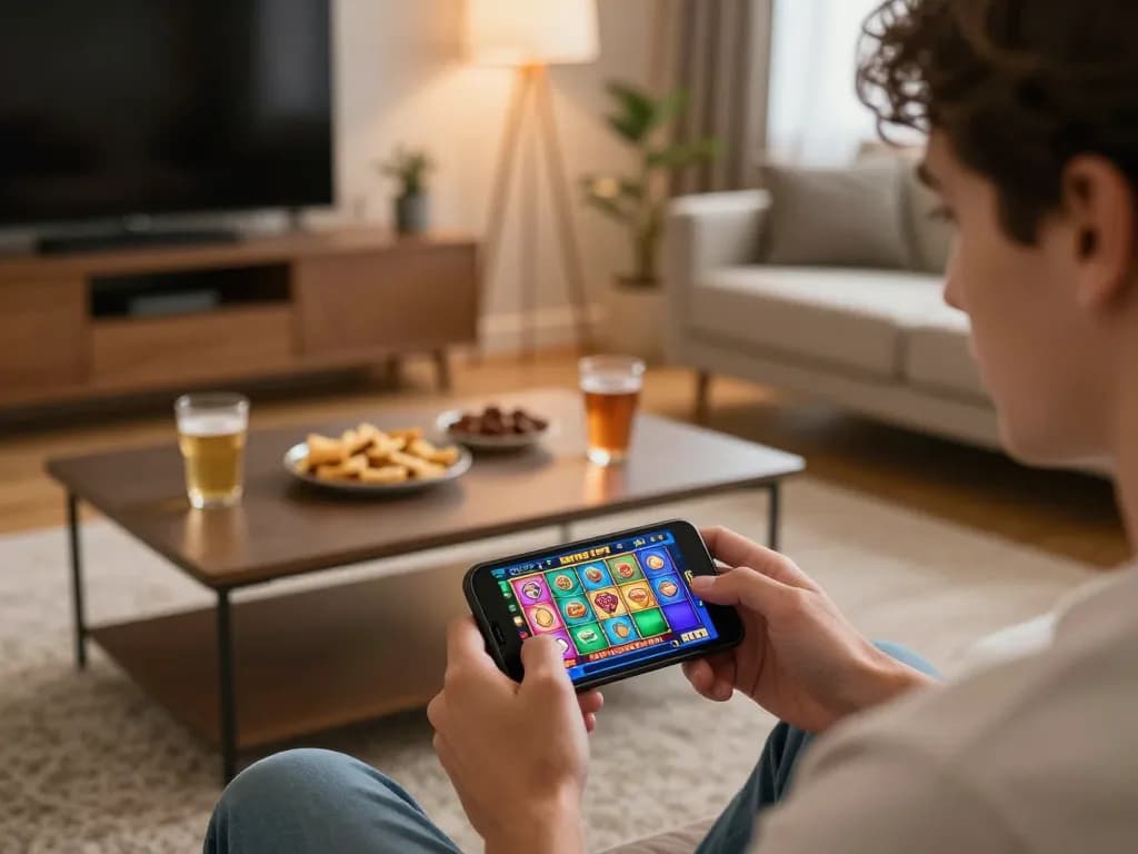 Player engaged in mobile gambling at home using the uu8855 casino app, vibrant slot game displayed on smartphone