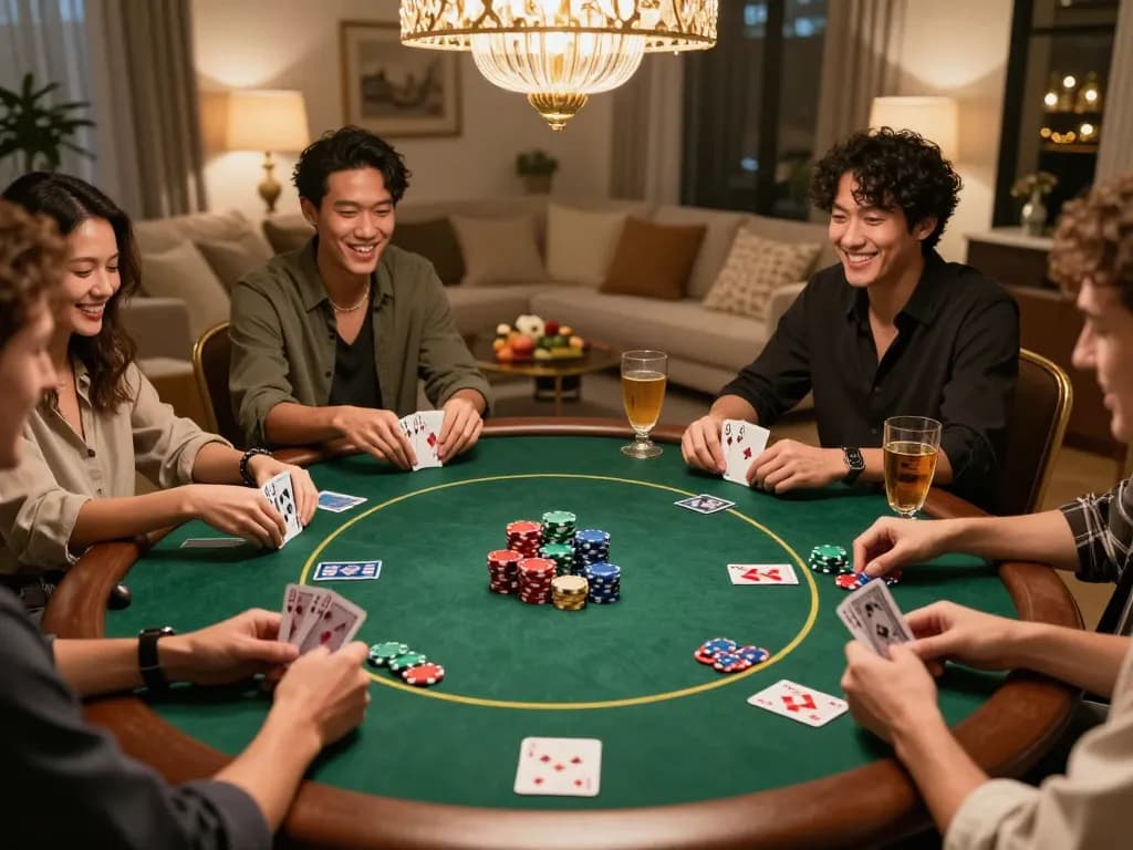 Friends enjoying poker night at home with vibrant poker chips while playing at nhà cái nk88