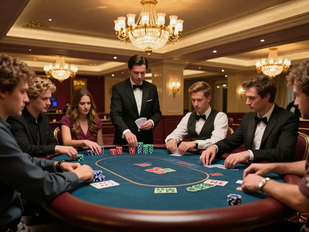Players strategizing their bets at a poker table in 33WIN's luxurious casino atmosphere.