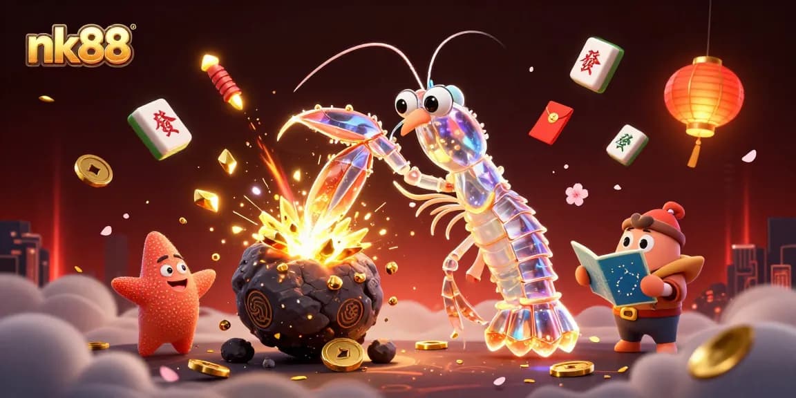 Experience the excitement of nk88, where a galactic mantis shrimp and starfish battle for gems and coins amid vibrant casino elements.