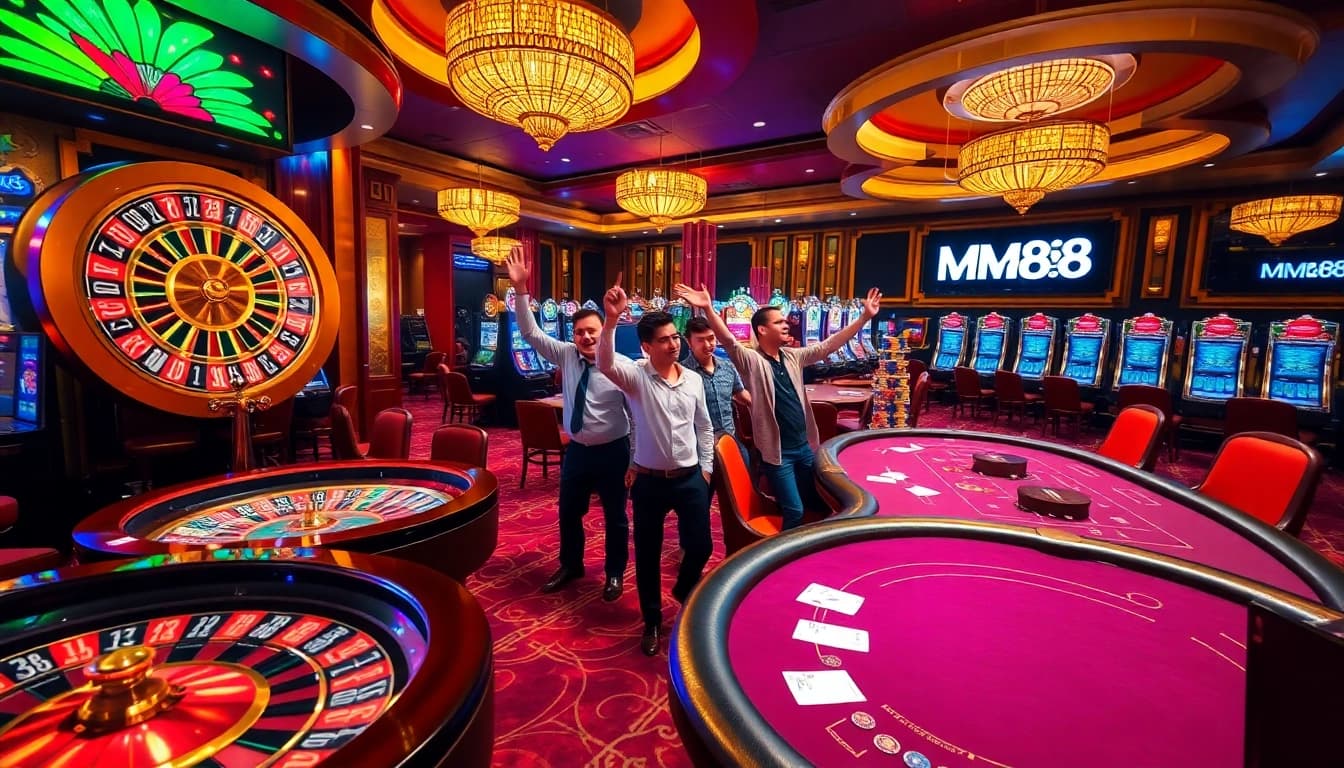Experience the vibrant excitement of gambling at MM88 Casino with roulette wheels and slot machines.