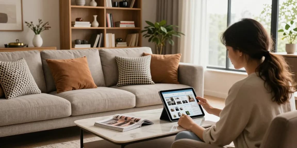 Einkaufen für stilvolle Wohnkultur und Möbel online, Möbel online bestellen im modernen Wohnzimmer.