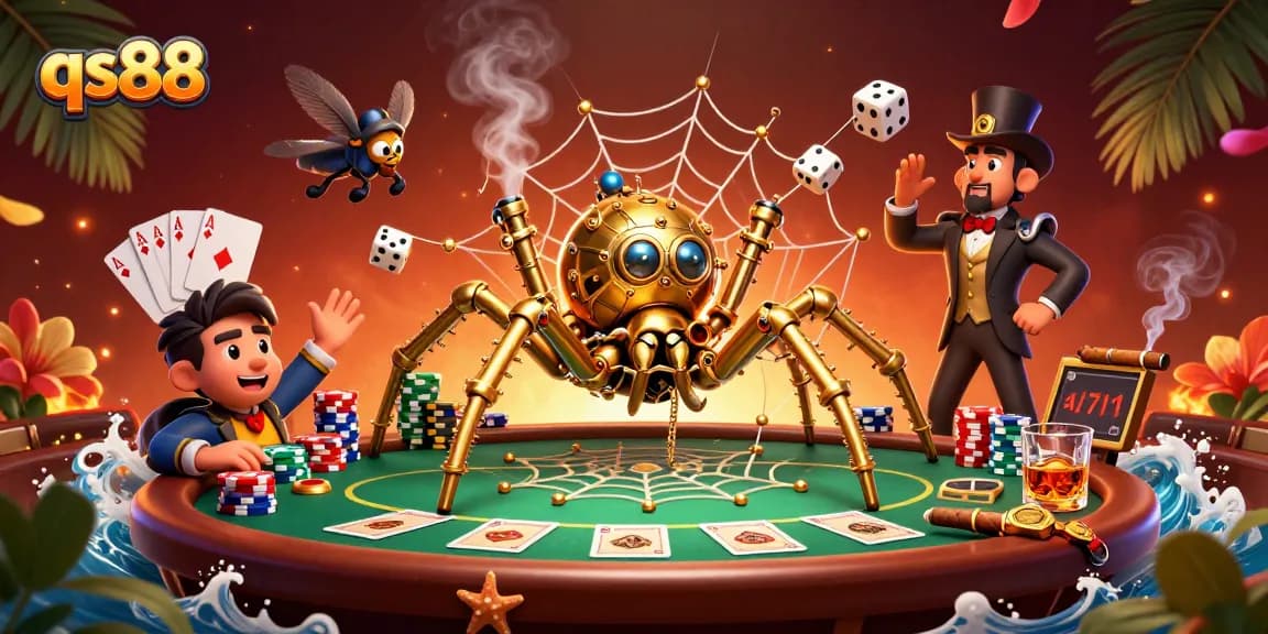 Spin and win at qs88 with a charming steampunk spider, vibrant poker elements, and captivating casino ambiance.