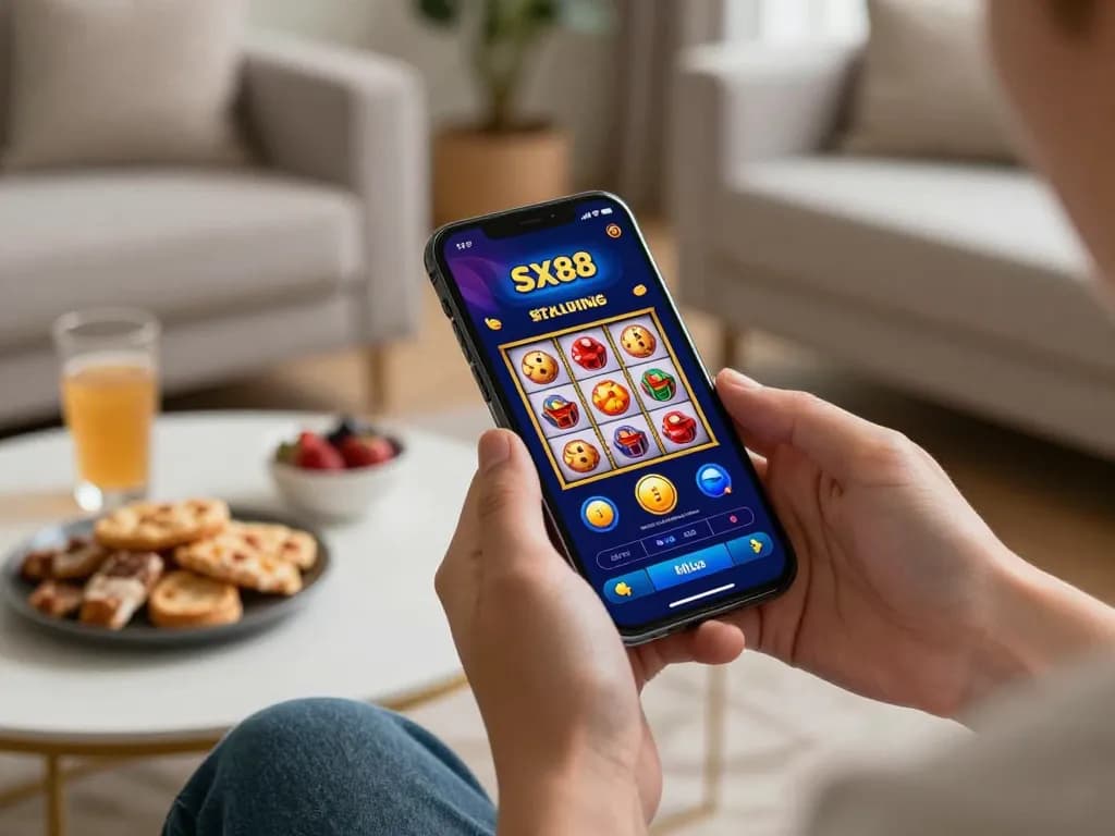 SX88 app in action with player enjoying mobile casino gameplay at home, vibrant and engaging atmosphere.
