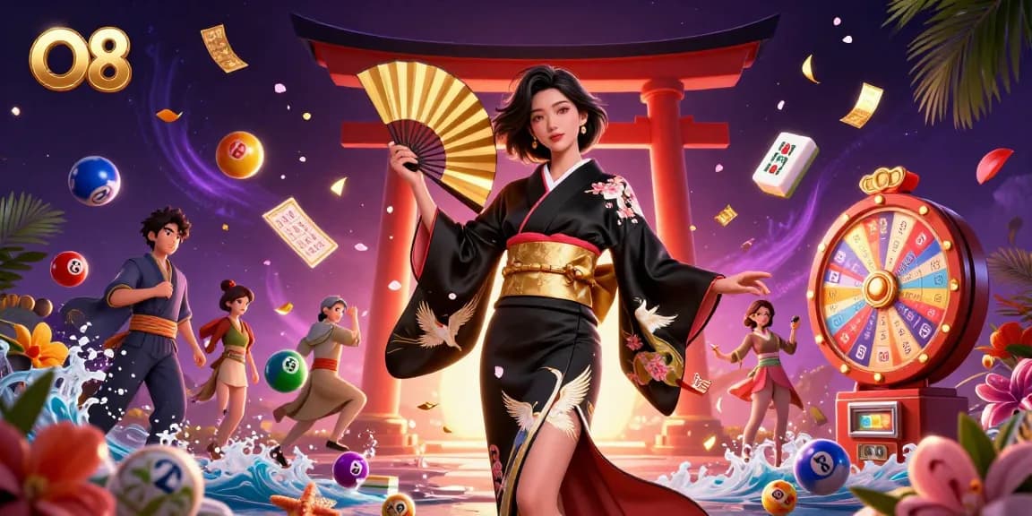 Experience thrilling gameplay at O8 with vibrant lottery scenes and elegant Asian motifs.