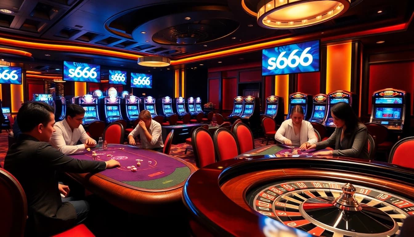 Players enjoy thrilling games at s666 casino with vibrant tables and luxury slot machines.