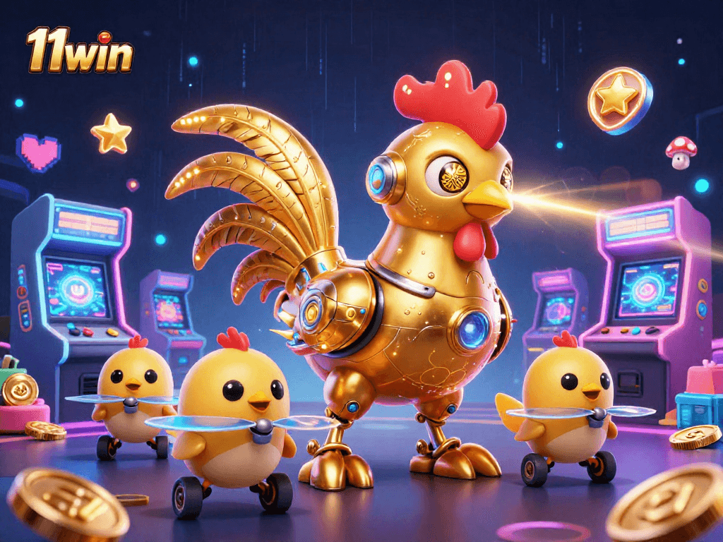 Engage with 11win's thrilling gaming universe featuring futuristic characters and vibrant casino elements.