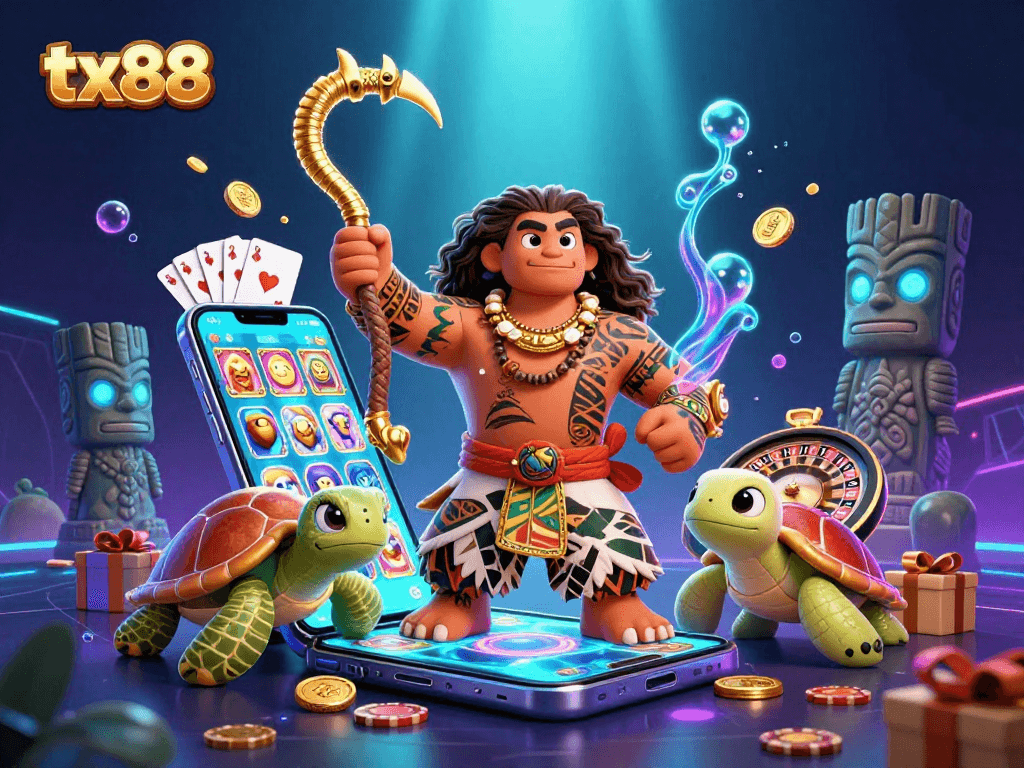 tx88 showcases a vibrant 3D casino scene with characters and slot game elements.