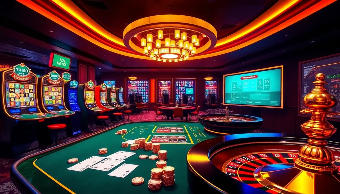 Play thrilling games at Nhà cái AF88, featuring vibrant casino elements like poker chips and slot machines.