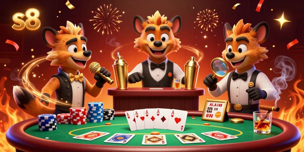 Experience fun at s8 casino with lively hyenas performing as bartender, comedian, and bouncer in a vibrant 3D scene.