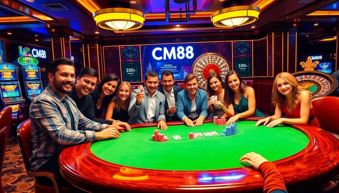 Gambling excitement at a luxury casino with CM88 branding on poker chips and tables.