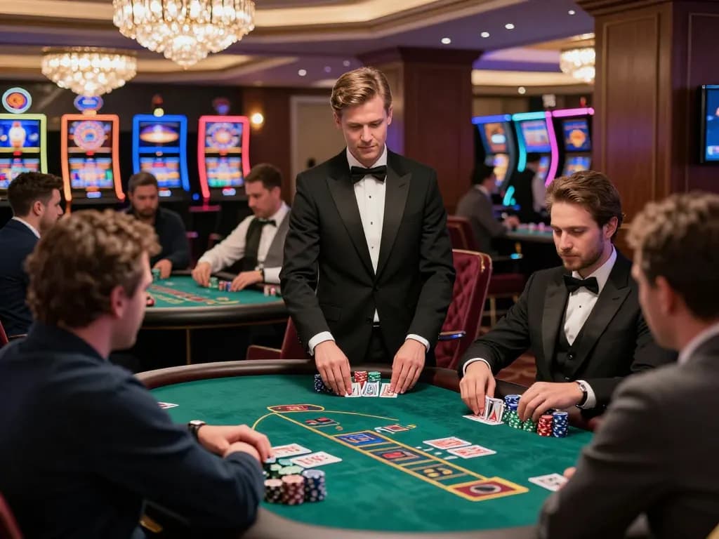 VT88 players engaged in strategic blackjack action at an upscale table, highlighting casino atmosphere