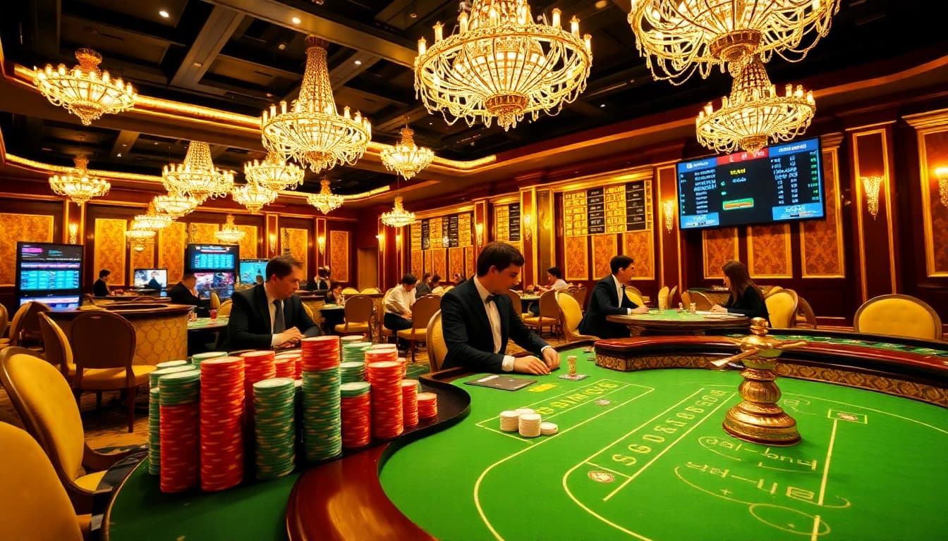 Professional gamblers at a poker table in an upscale setting at https://e2bet-games.org.