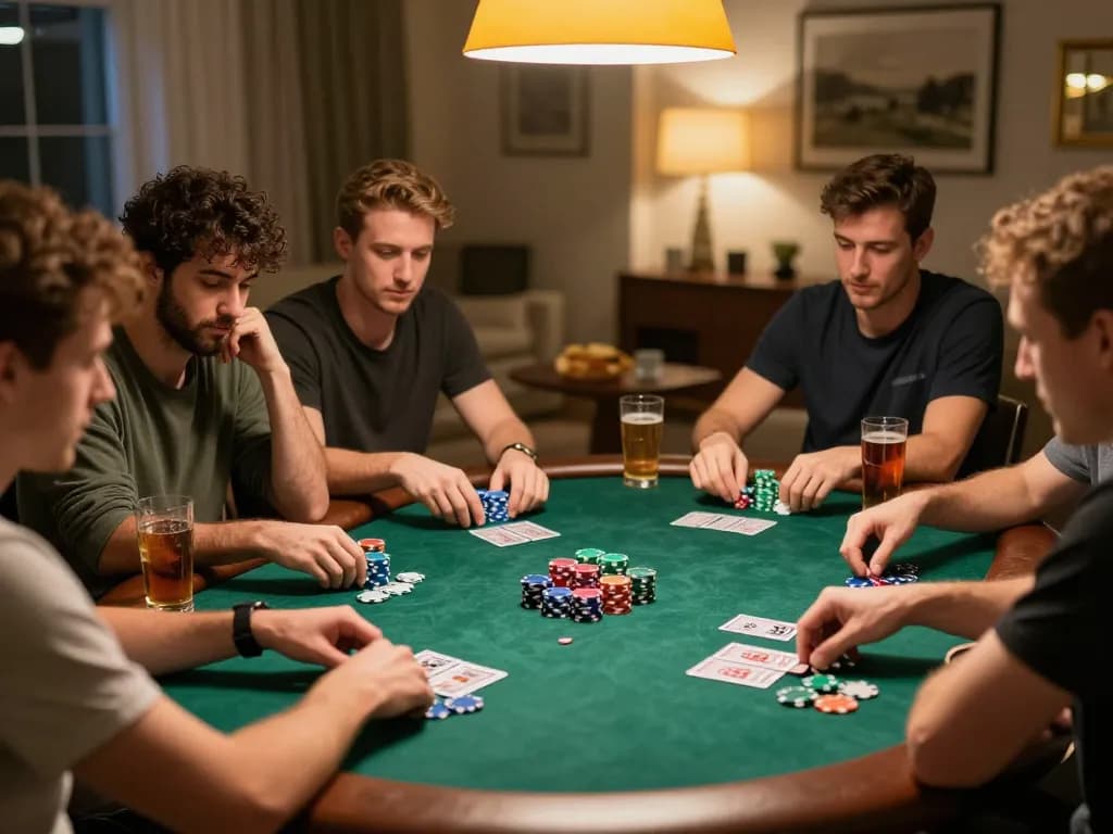 Players strategizing at a poker night with lc88 chips and cards in a cozy home setup