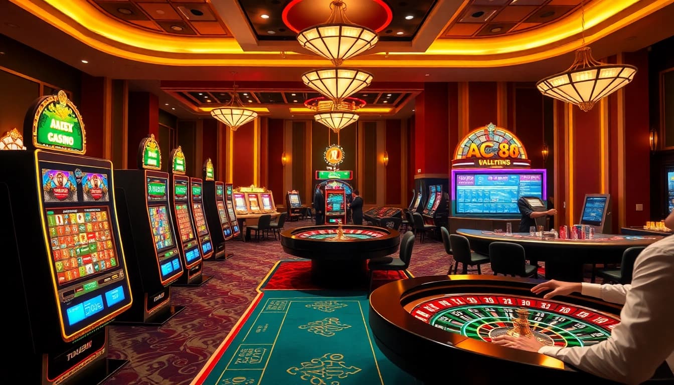Experience Giới Thiệu ABC8’s luxurious online gambling environment with interactive tables and vibrant slot machines.