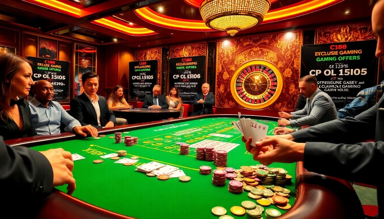 C168 players engaging with vibrant casino games at an upscale gambling table.