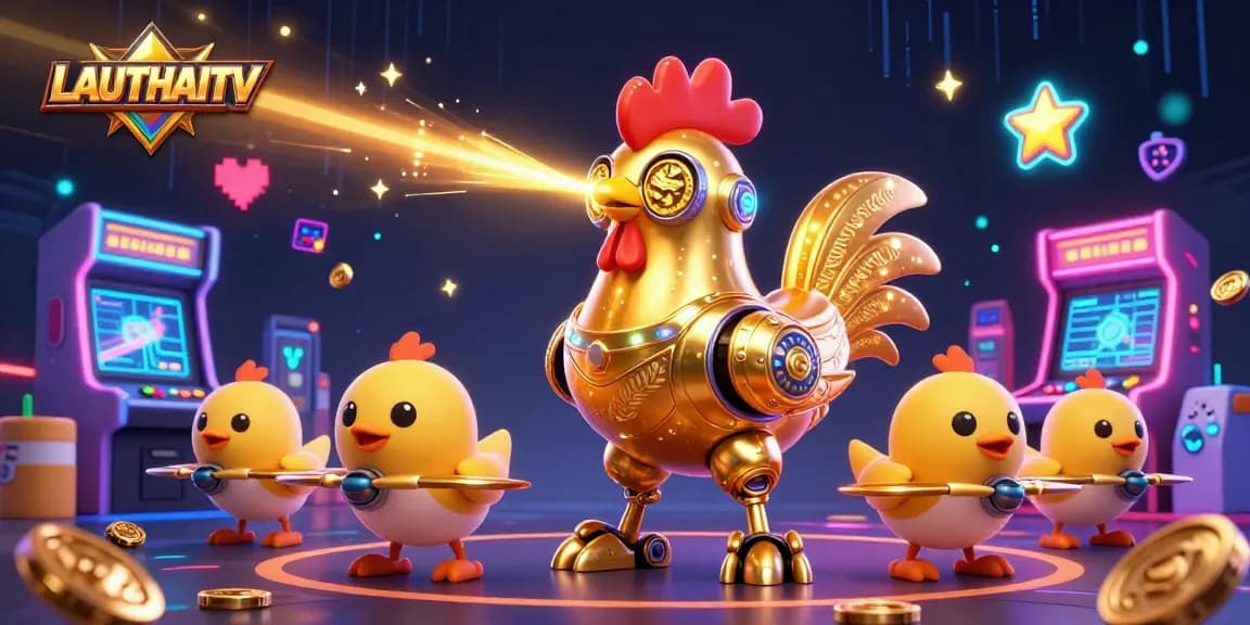 LAUTHAITV showcases thrilling laser-shooting golden rooster robots amidst vibrant gaming elements.