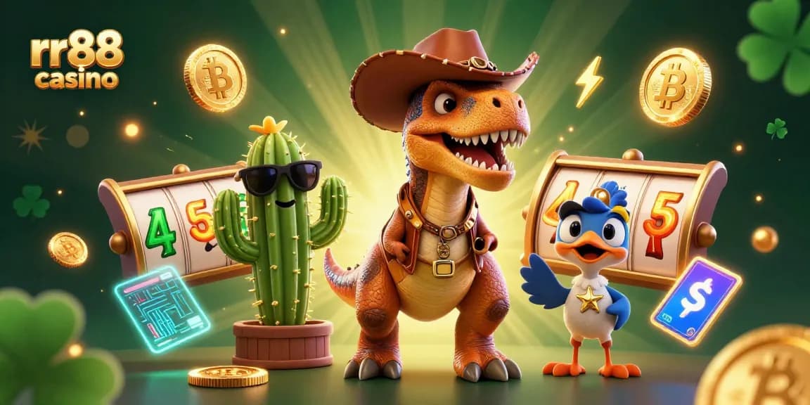 Bet on thrilling adventures at rr88 casino, featuring a cowboy dinosaur and crypto elements in a vibrant illustration.