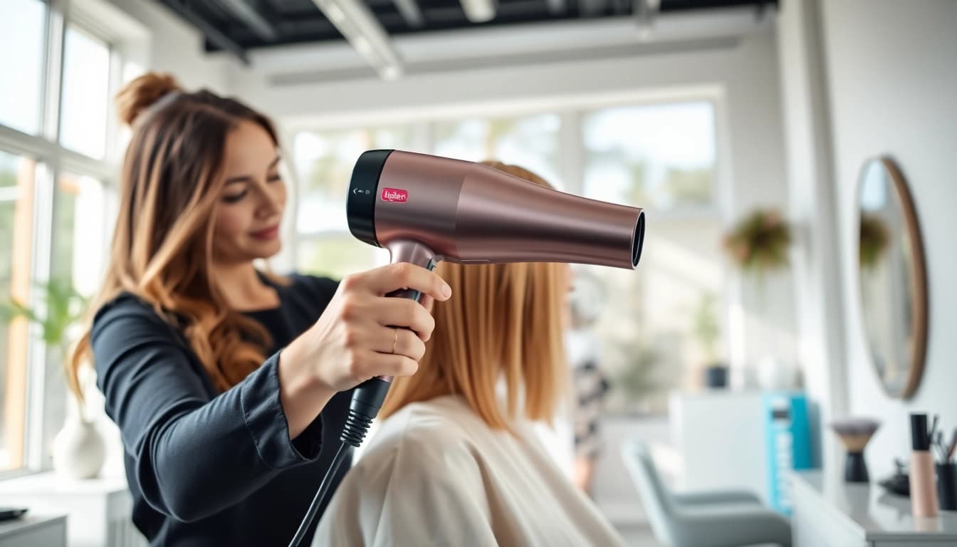 Verwenden des laifen föhn für perfekte Frisuren im modernen Friseursalon.