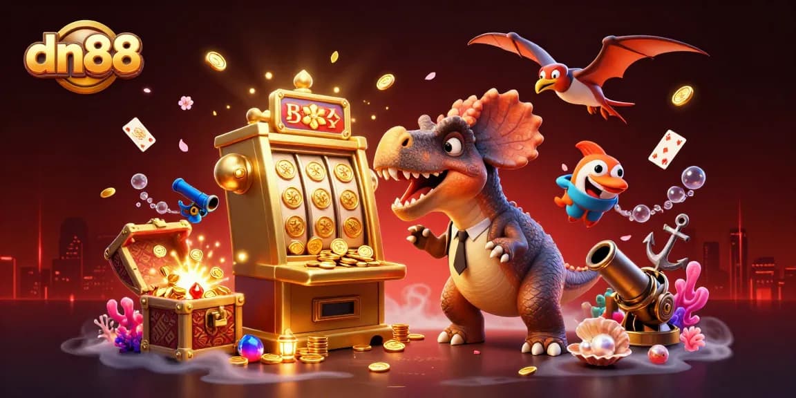 Experience thrilling dn88 action with a cartoon dinosaur jackpot scene filled with flying golden coins.