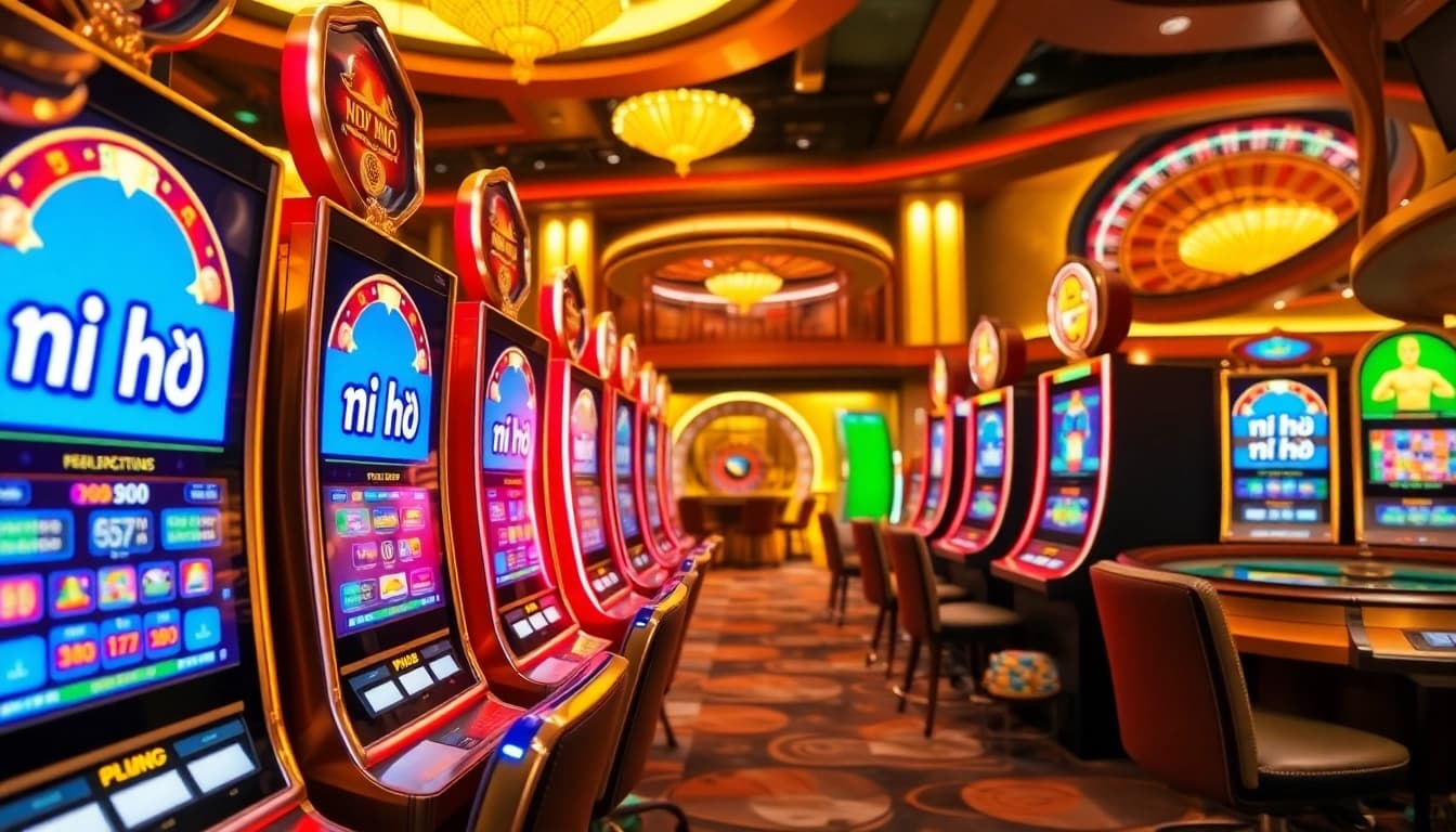 Experience thrilling nổ hũ gameplay amidst vibrant casino visuals and enticing slot machines.