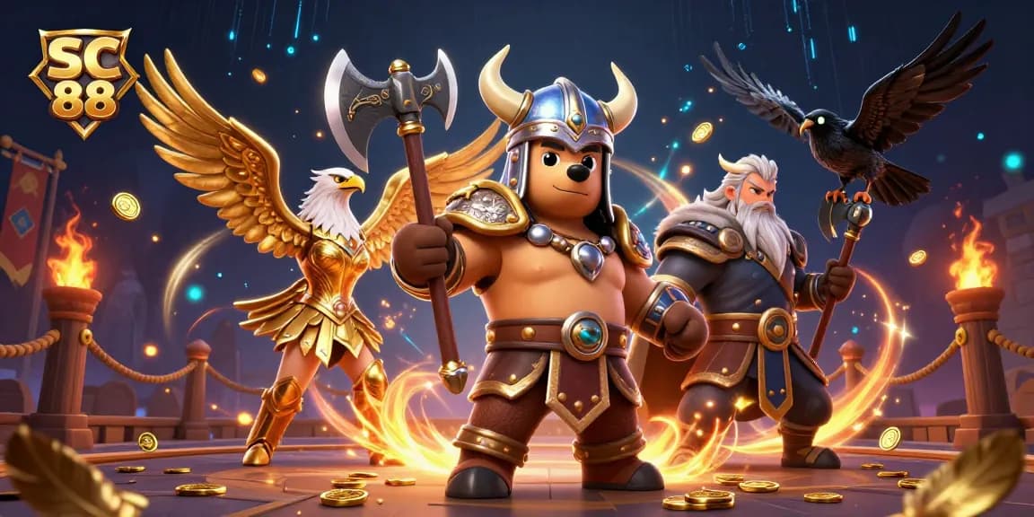 Engage with SC 88's vibrant casino scene featuring a Viking bear and Valkyrie eagle amid dynamic game elements.