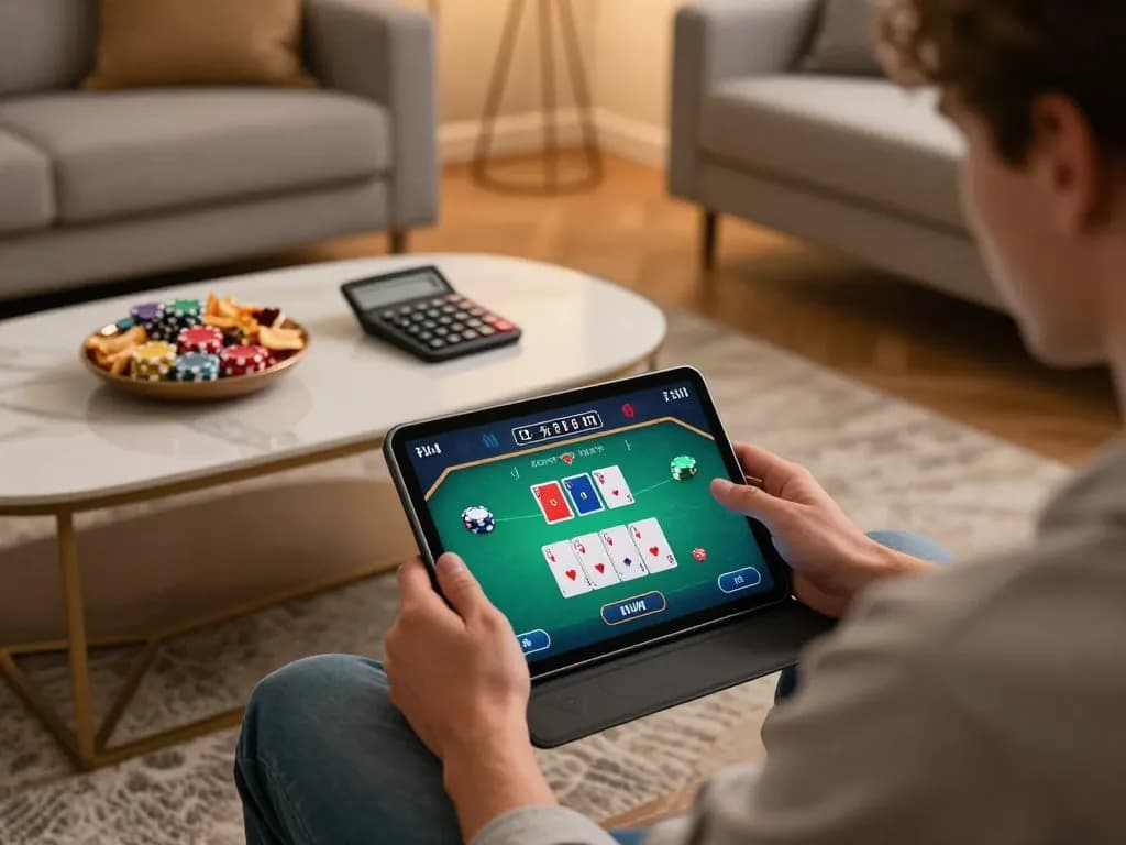 Person playing poker on a tablet, RR88 featuring engaging screens with strategic betting.