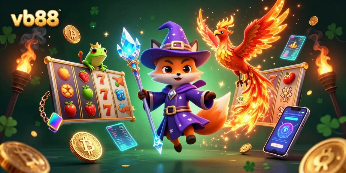Engage with vb88 through vibrant slot games featuring a mystical wizard fox and phoenix in a magical scene.