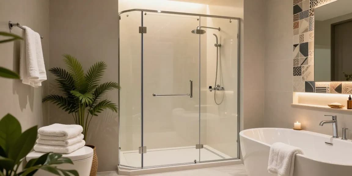 Elegante douche ruimte met een moderne douchecabine deur, die het stijlvolle ontwerp en de glaseigenschappen binnen een luxueuze badkameromgeving benadrukt.