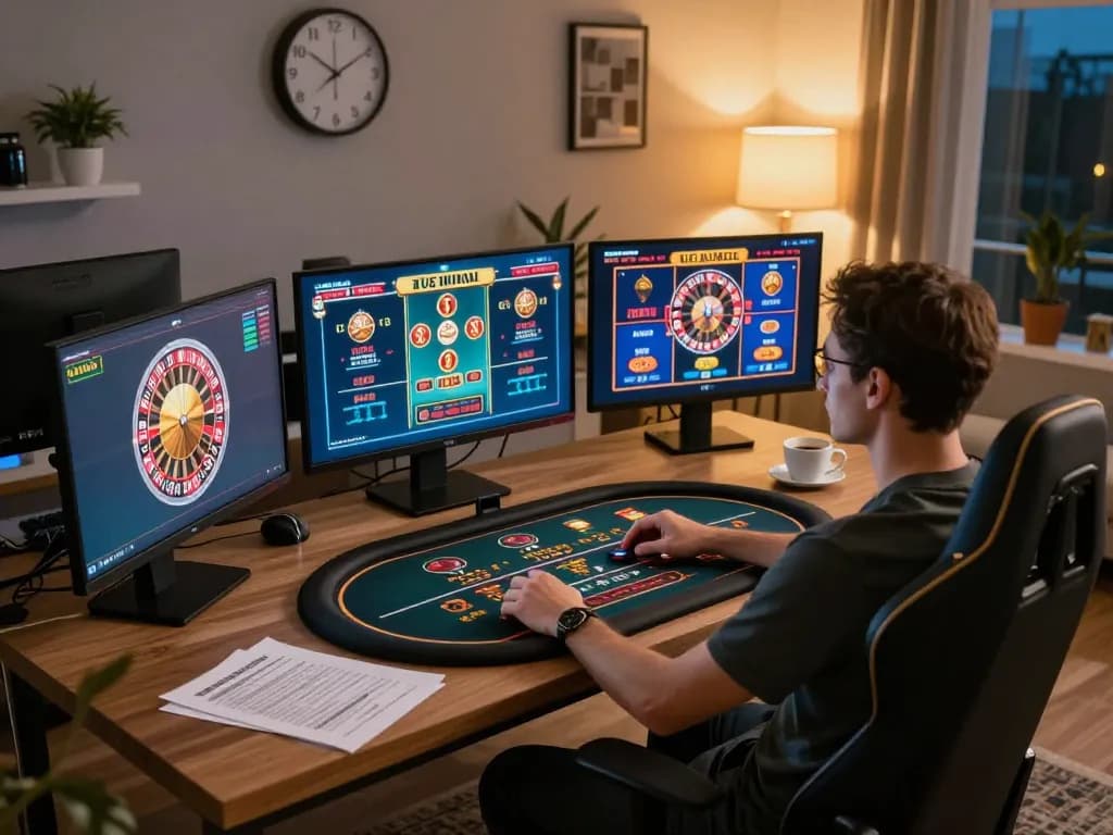 Player enjoying GO8 online gaming experience with multiple casino games displayed on screens