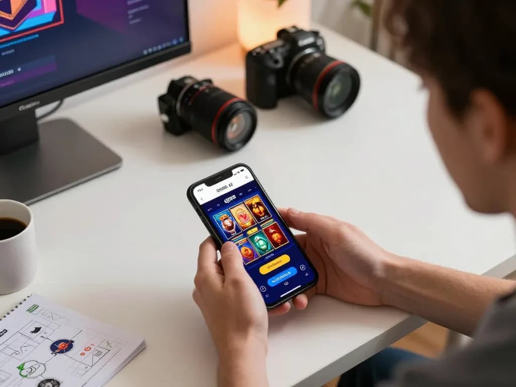 Player enjoying mobile gaming on QQ88 AE app, showcasing interactive casino experiences in a modern home setup.