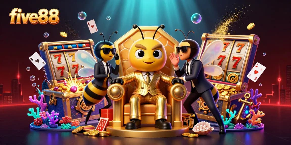 Experience the excitement of five88 with a dynamic 3D illustration showcasing a bumblebee mob boss and casino elements.