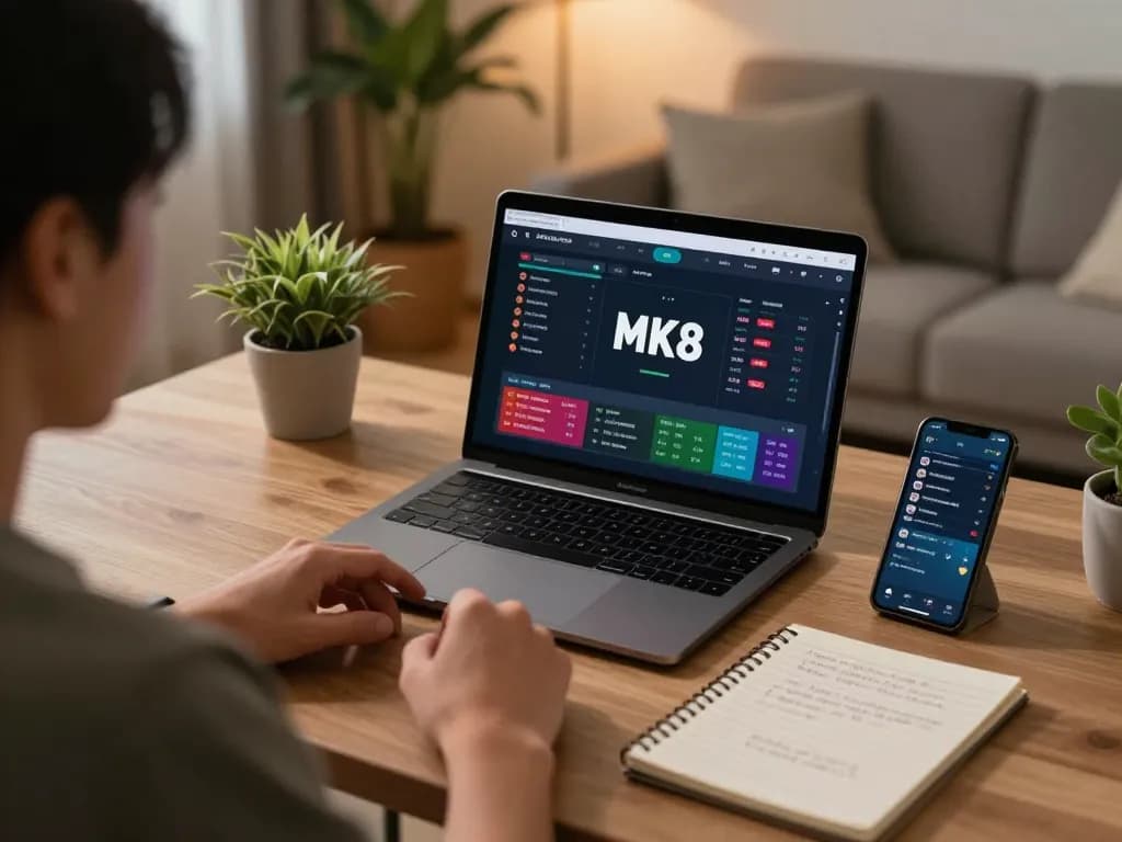 Engaging online MK8 gaming setup with laptop showing betting interface and strategies.