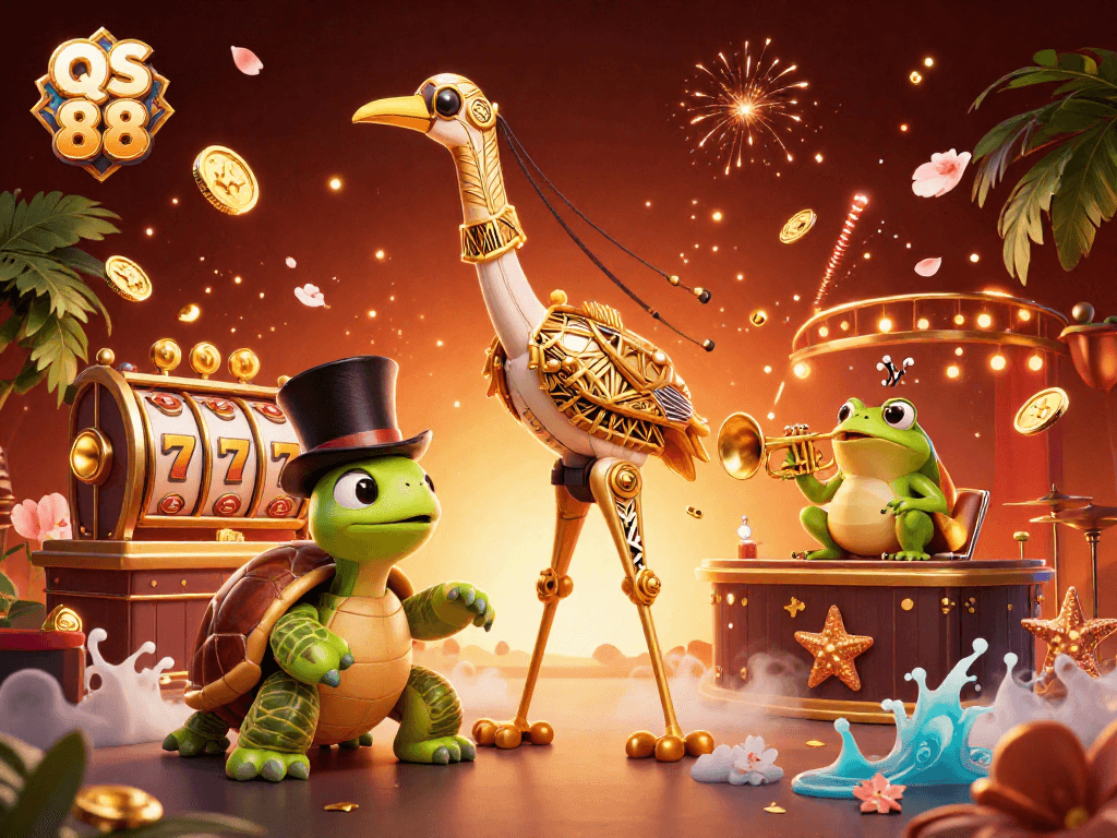 Experience thrilling gaming action at QS 88 with vibrant casino characters and dynamic elements.