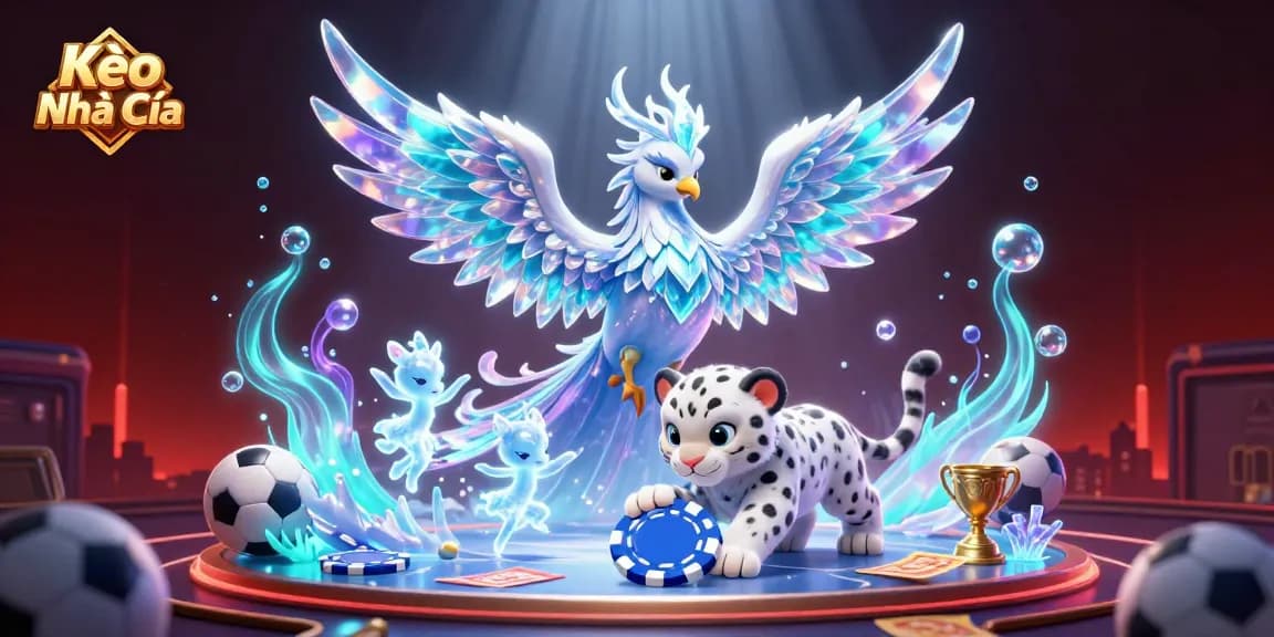 Engaging Kèo Nhà Cái scene showcasing sports betting with a colorful ice phoenix, vibrant elements, and dynamic characters