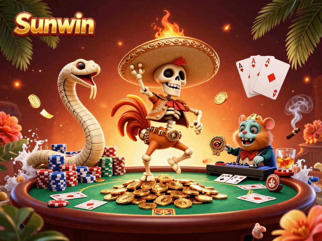 Experience the thrilling gaming action at Sunwin with vibrant casino characters celebrating victory amid golden coins.