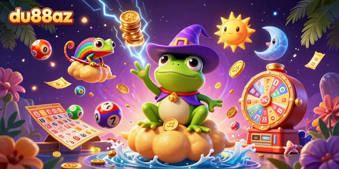 Experience excitement with du88az, a vibrant 3D illustration featuring a wizard frog and chameleon in a casino-themed setup.