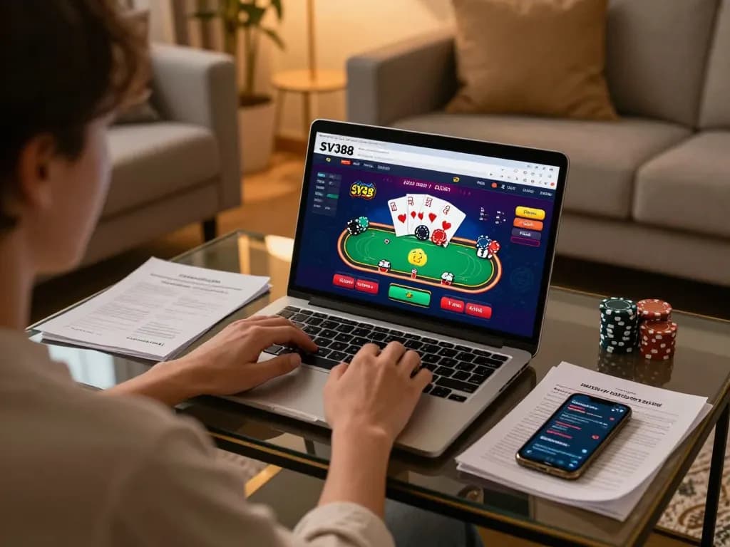 Person engaged with SV388 online casino game on laptop, showcasing responsible gaming environment.