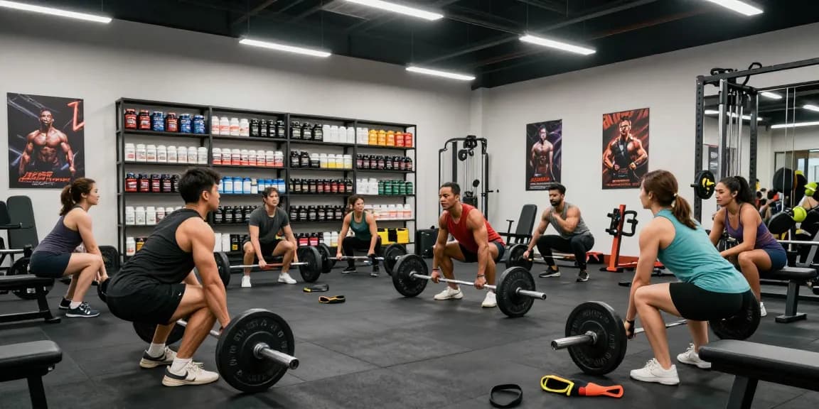 Anabolika Shop showcasing vibrant gym scene with bodybuilders training and discussing anabolic products in a dynamic fitness environment.