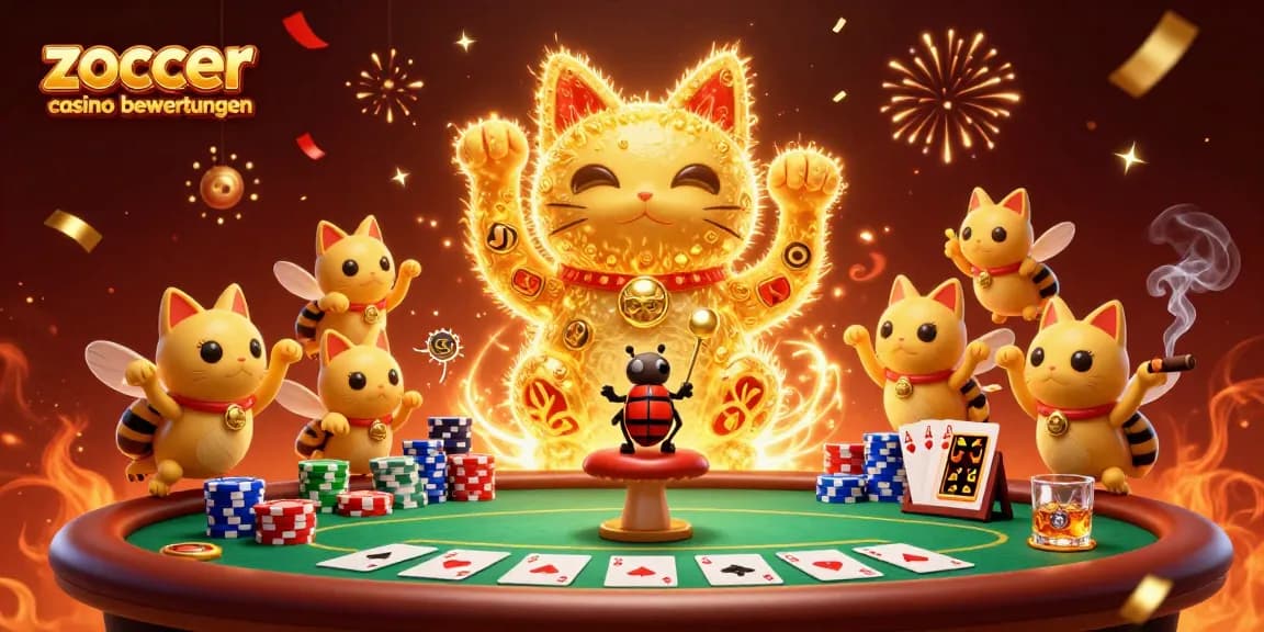 Zoccer Casino Bewertungen: Das beeindruckende Szenario mit dem glücklichen Lucky Cat und Casino-Elementen in einem aufregenden 3D-Design