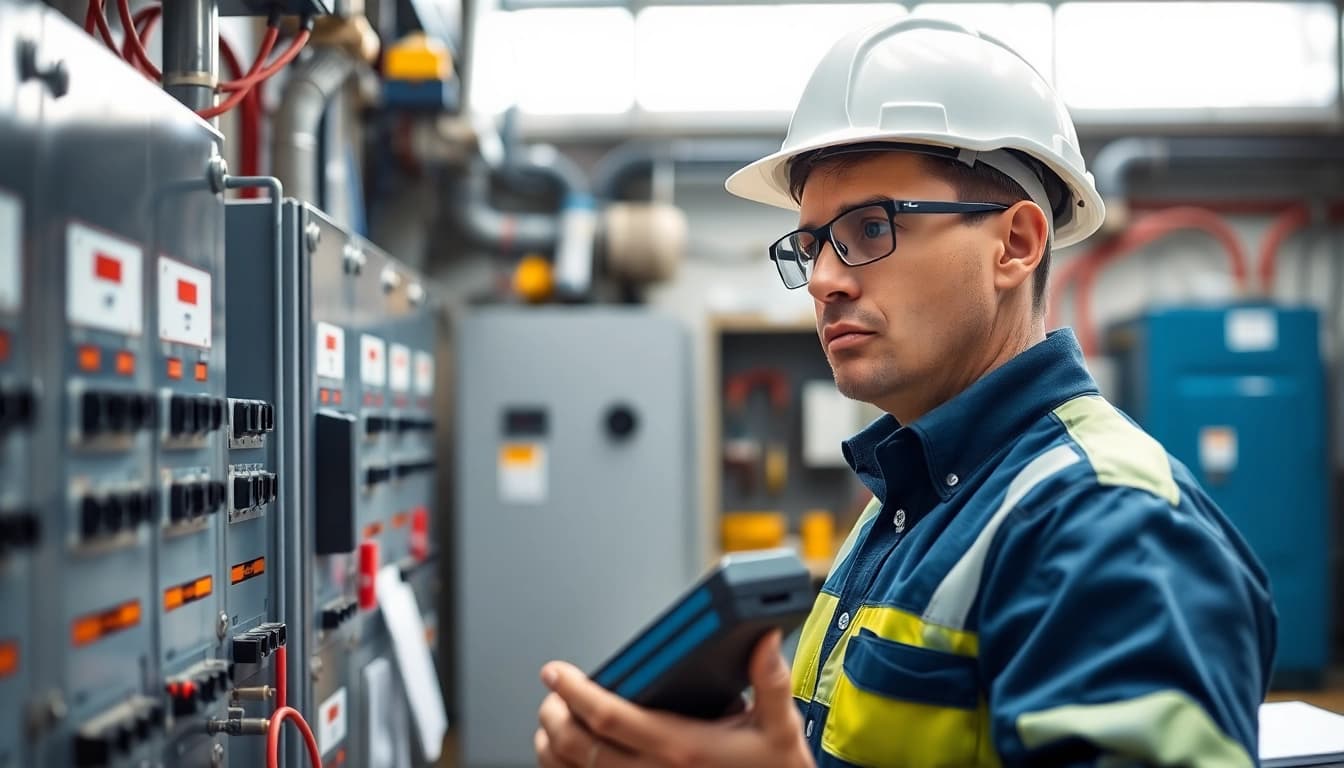 Prüfung ortsfester elektrischer Anlagen durch einen Techniker in einer industriellen Umgebung.