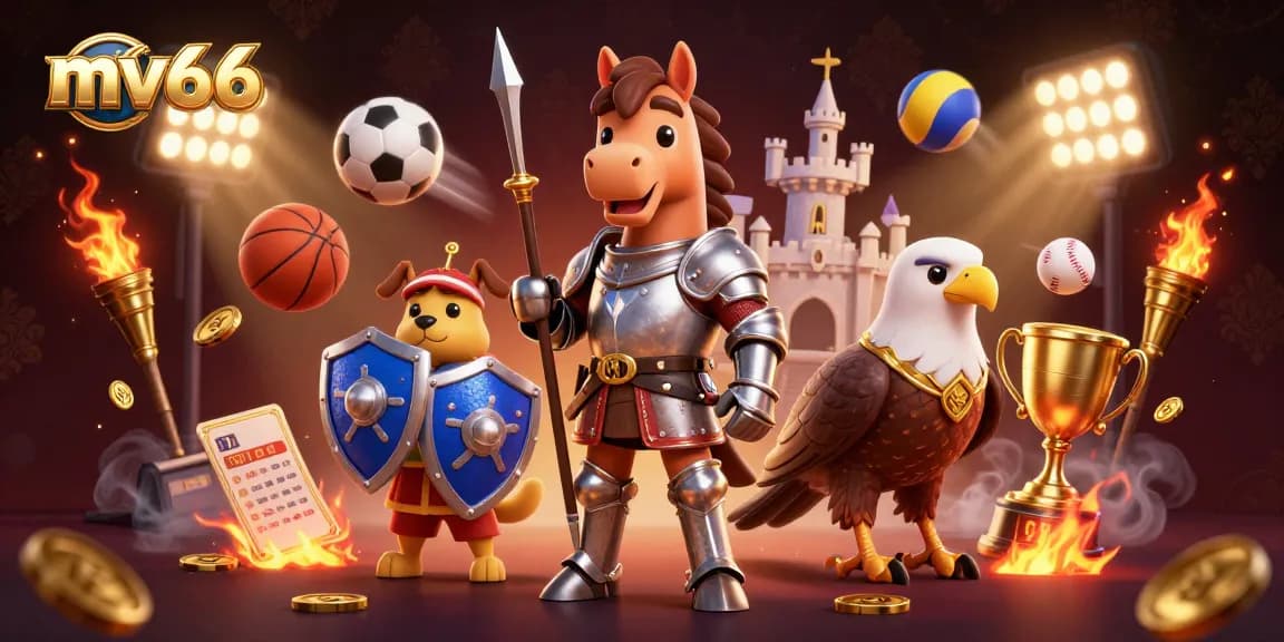 Experience thrilling play at mv66 with a knight, squire, and falcon amidst dynamic sports and gaming elements.